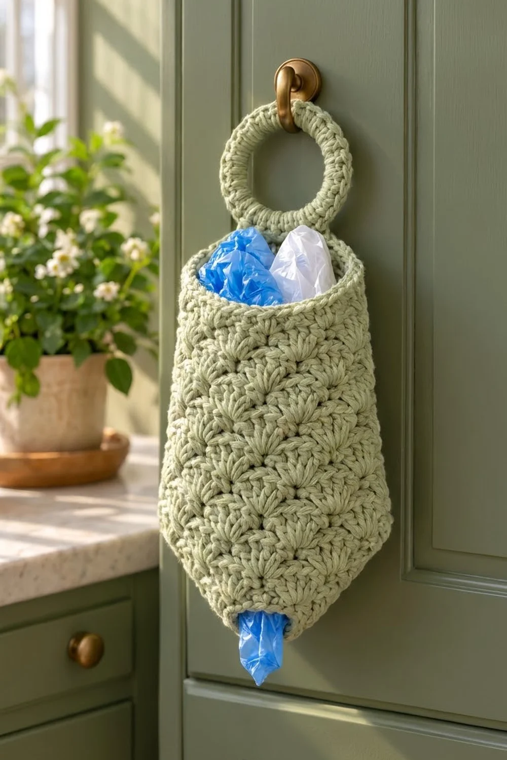 Cream crocheted bag holding blue and white plastic bags, hanging on a sage green cabinet door beside a potted plant.