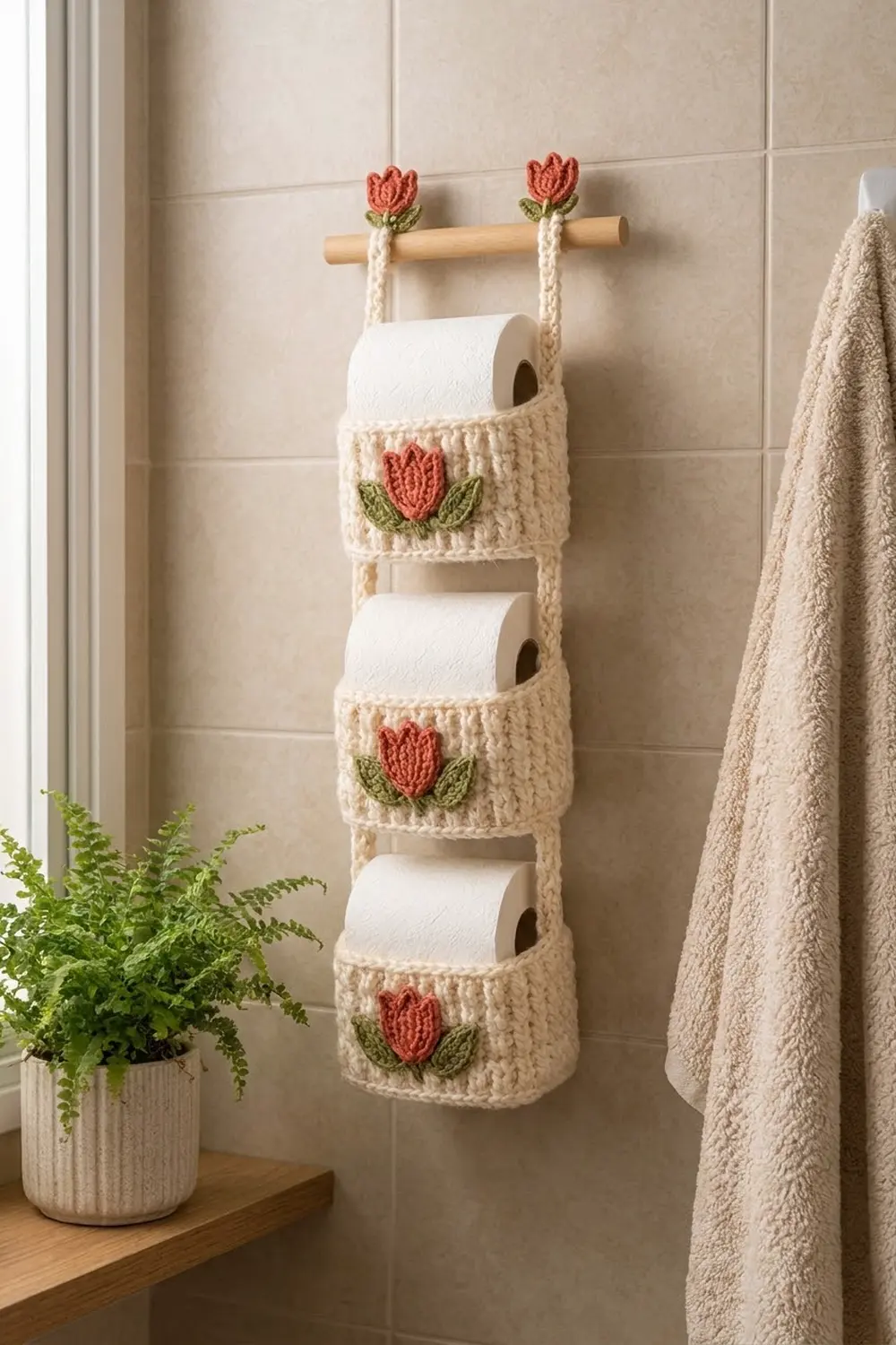 Crocheted toilet paper holder with three red-flowered pockets hanging from wooden rod on bathroom tile wall.