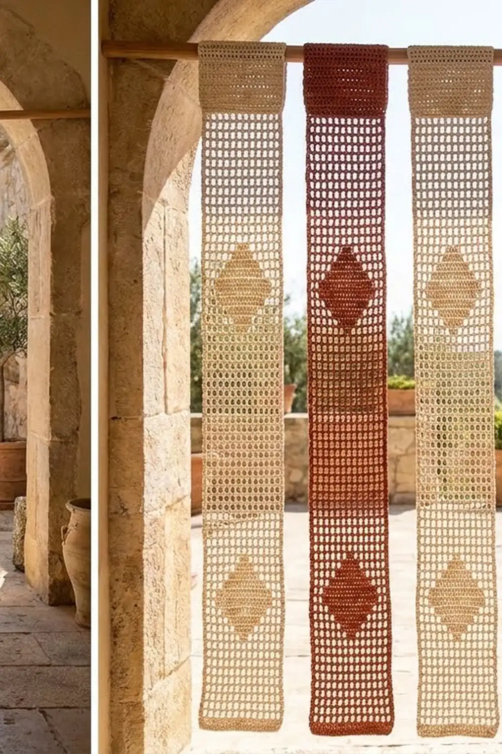 Three woven macramé wall hangings in cream and rust red displayed vertically between stone columns on a terrace.