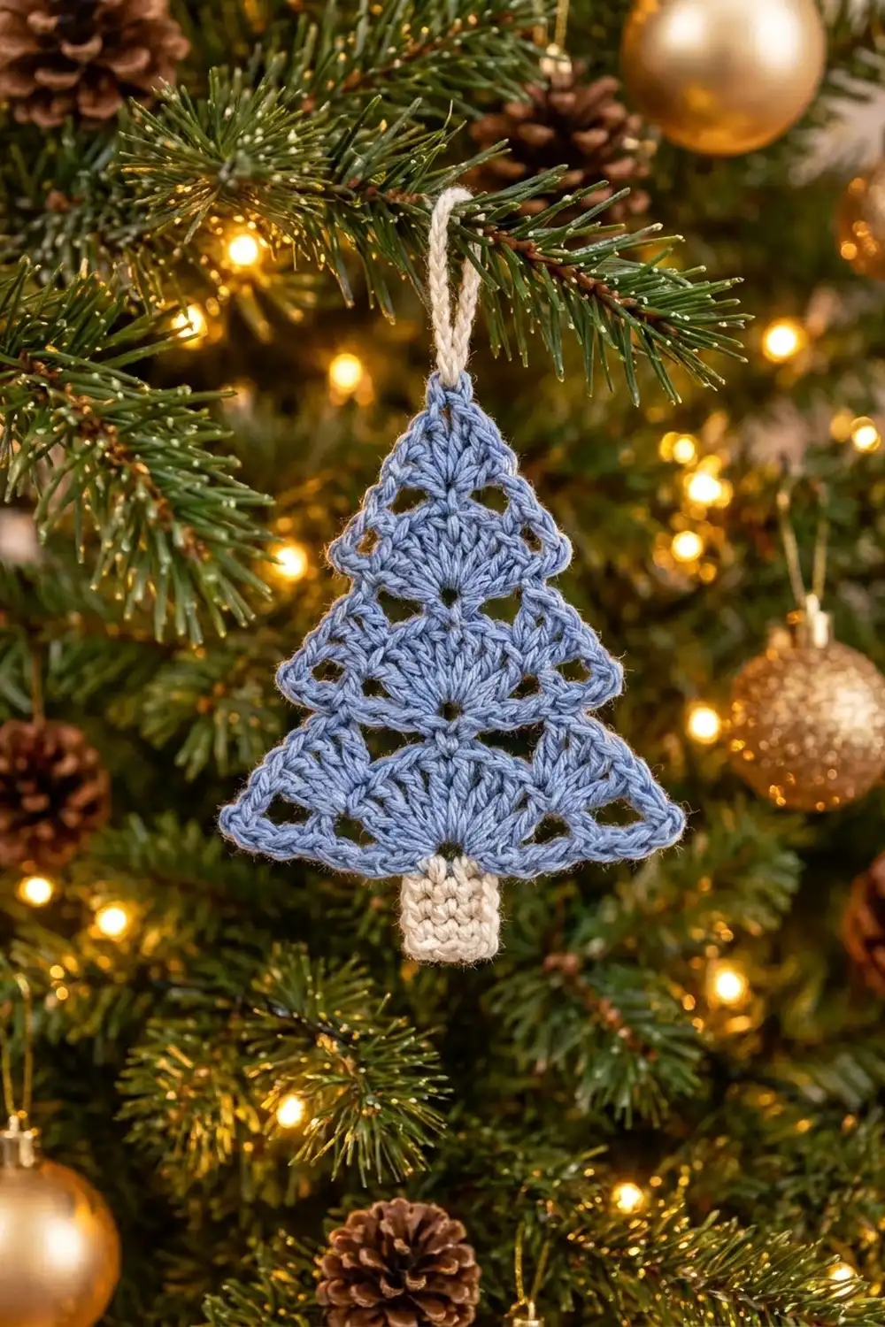 Blue crocheted Christmas tree ornament with cream trunk hanging on evergreen branches with warm lights and gold ornaments.
