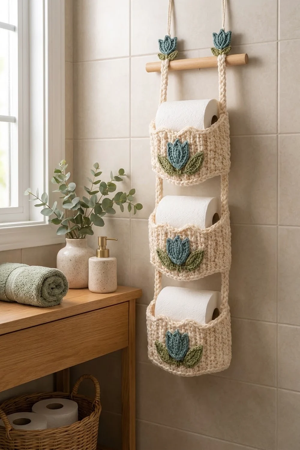 Cream crocheted toilet paper holder with three blue-green tulip details hanging on wood dowel in bright white tiled bathroom.