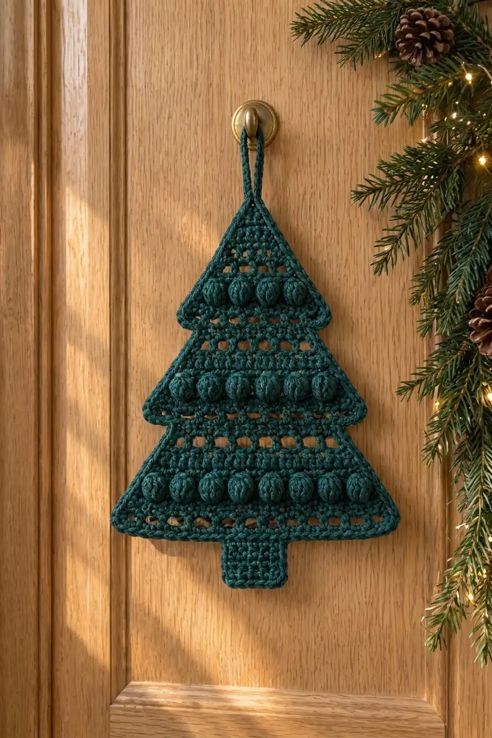 Teal crocheted Christmas tree ornament with textured rows hanging on light wood wall beside evergreen garland.