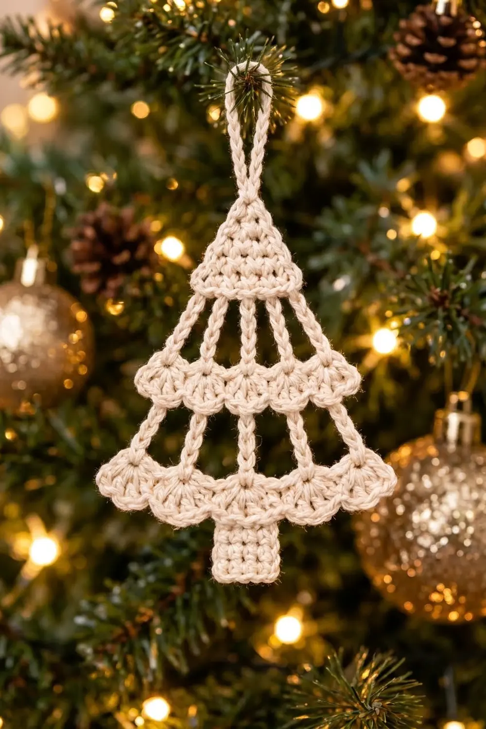 Cream-colored crocheted Christmas tree ornament with tiered scalloped edges hanging from an evergreen branch among warm lights and pinecones.