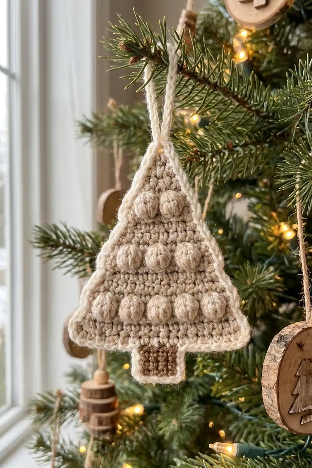 Cream-colored crocheted Christmas tree ornament with textured popcorn stitch hanging on an evergreen tree with warm lights.
