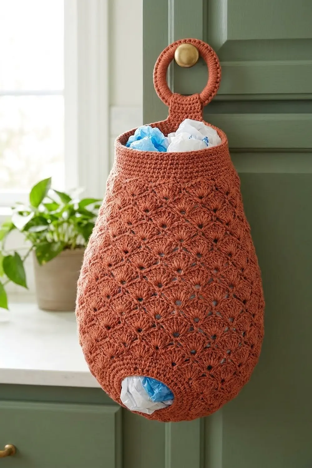Rust-colored crocheted hanging organizer with brass knob holding blue and white items on a sage green door.