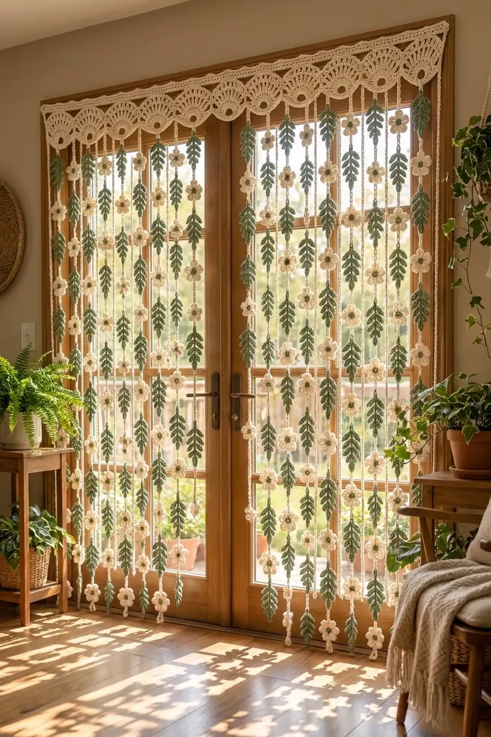 Macramé curtains with green leaves and cream flowers hang over French doors in a sunlit room with potted plants.