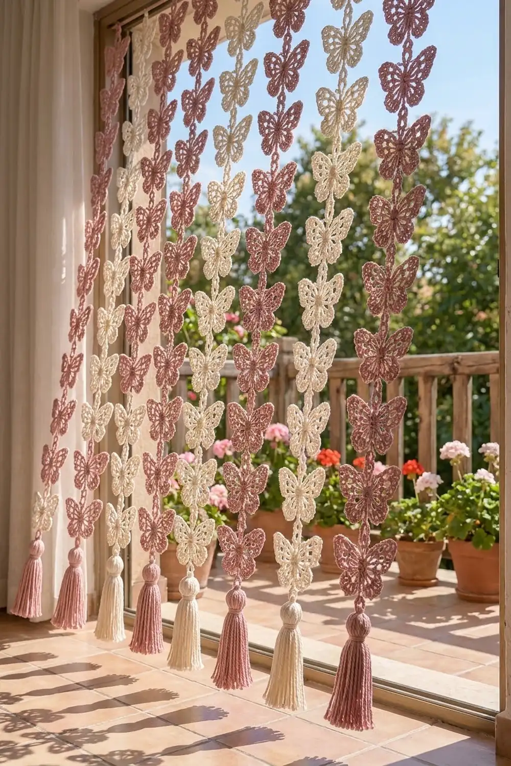 Decorative lace butterfly garland in burgundy and cream hangs by a sunny window overlooking a flower-filled patio.