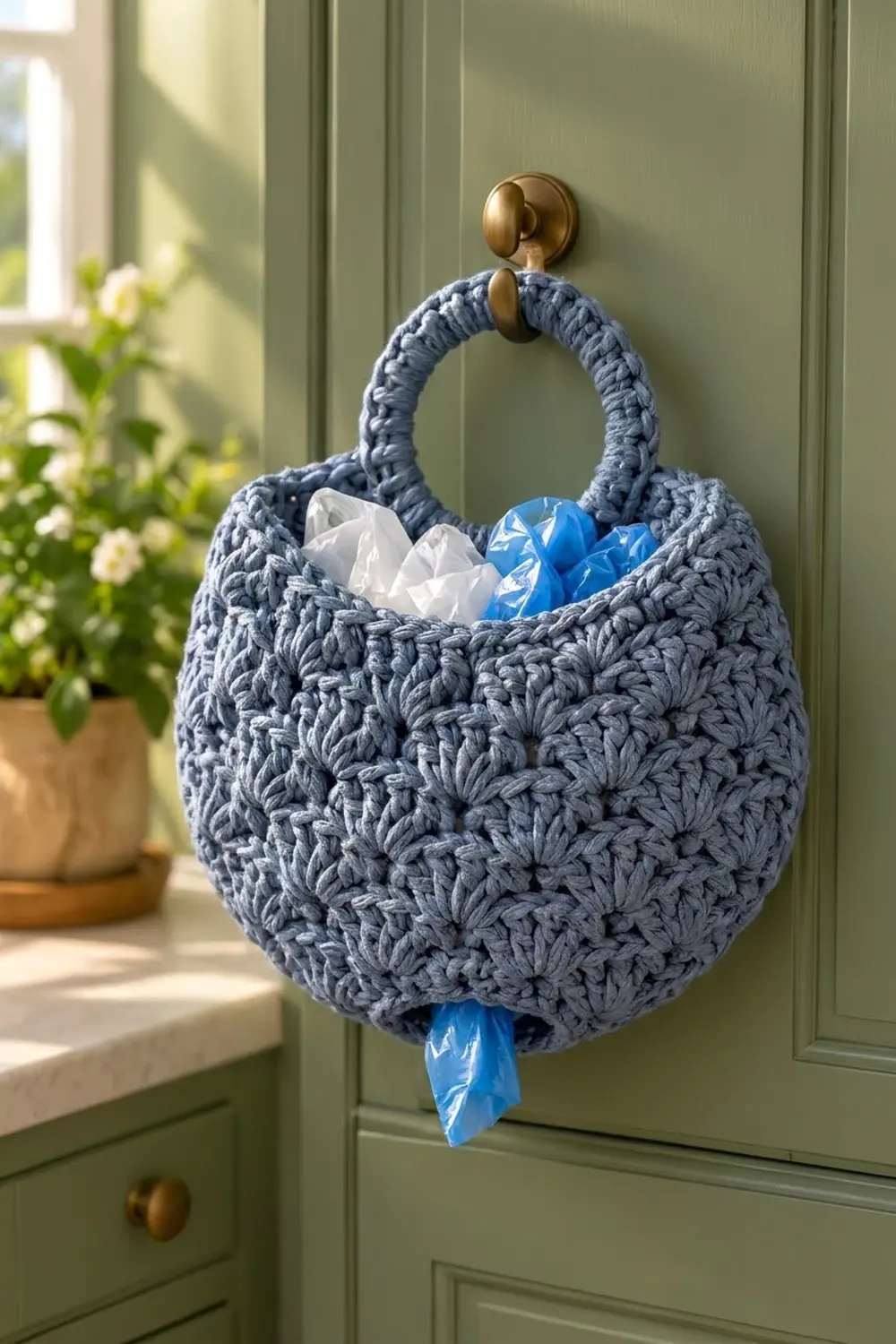 Gray crocheted hanging basket with brass hook on green cabinet, holding white tissues and blue bags beside a potted plant.