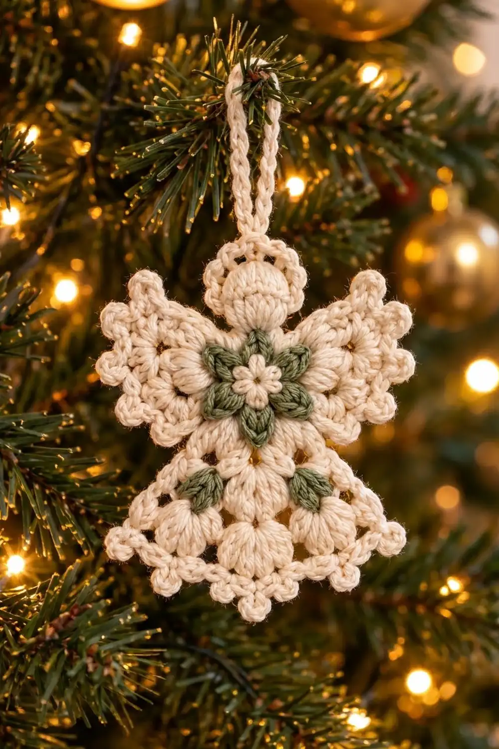 Crocheted snowflake ornament in cream and sage hanging from an evergreen tree with golden-yellow twinkling lights.