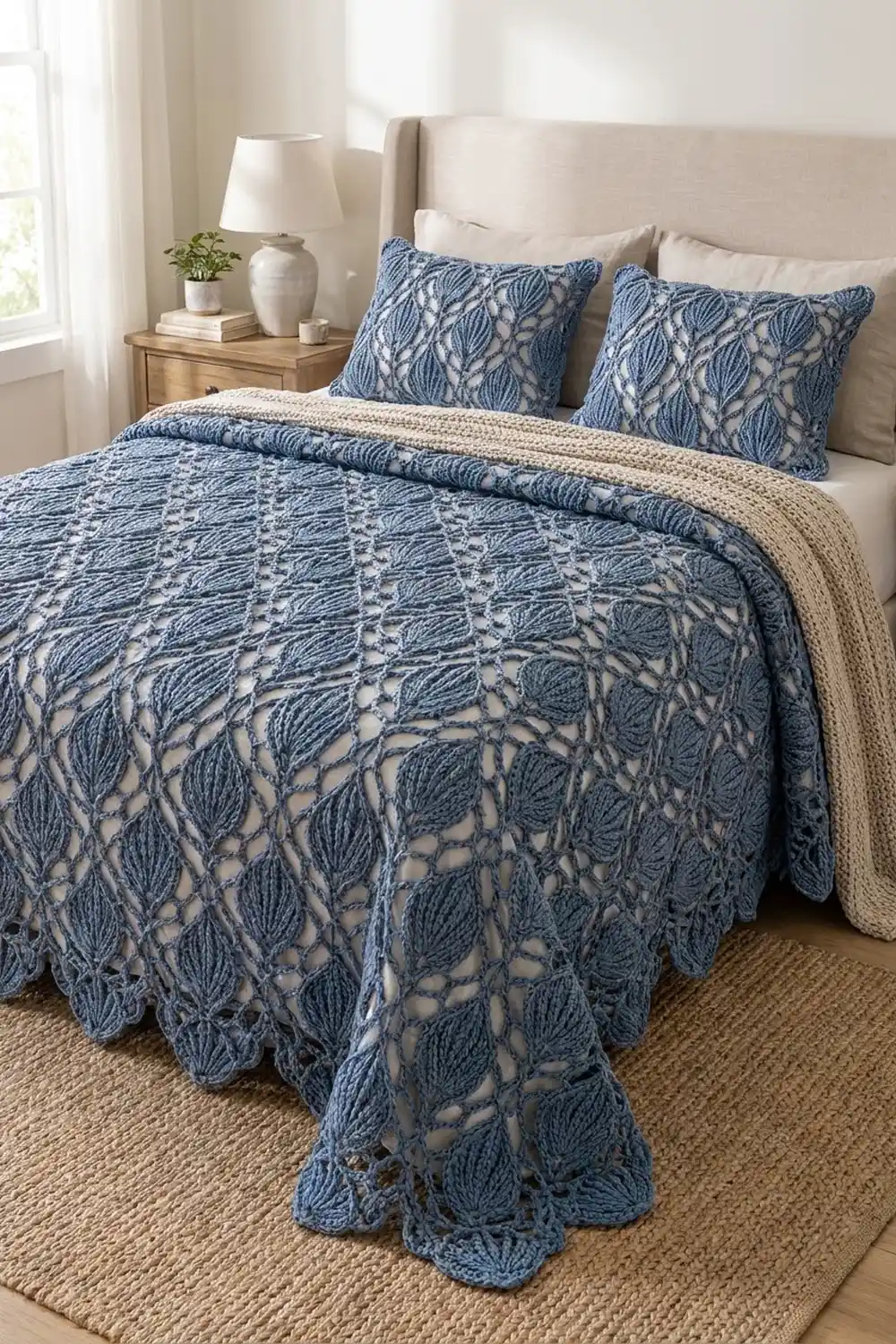 A bed topped with blue quilted bedding featuring delicate leaf motifs and cream accents in a bright bedroom.