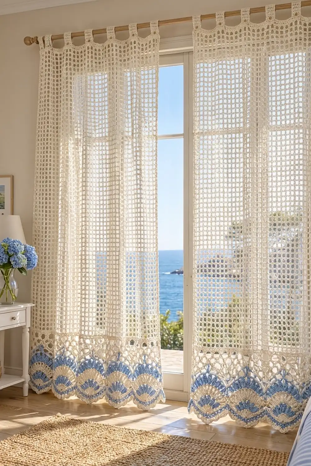 Cream crochet curtains with blue scalloped trim hang by tall windows overlooking the ocean in a coastal bedroom.