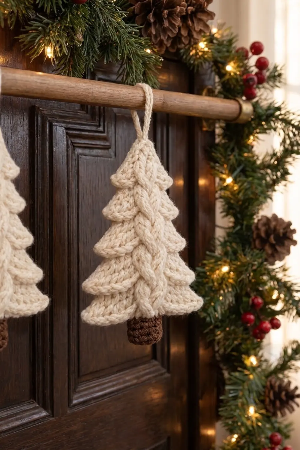 Cream-colored crocheted tree ornament hanging from wooden stair railing amid green holiday garland with warm lights and berries.