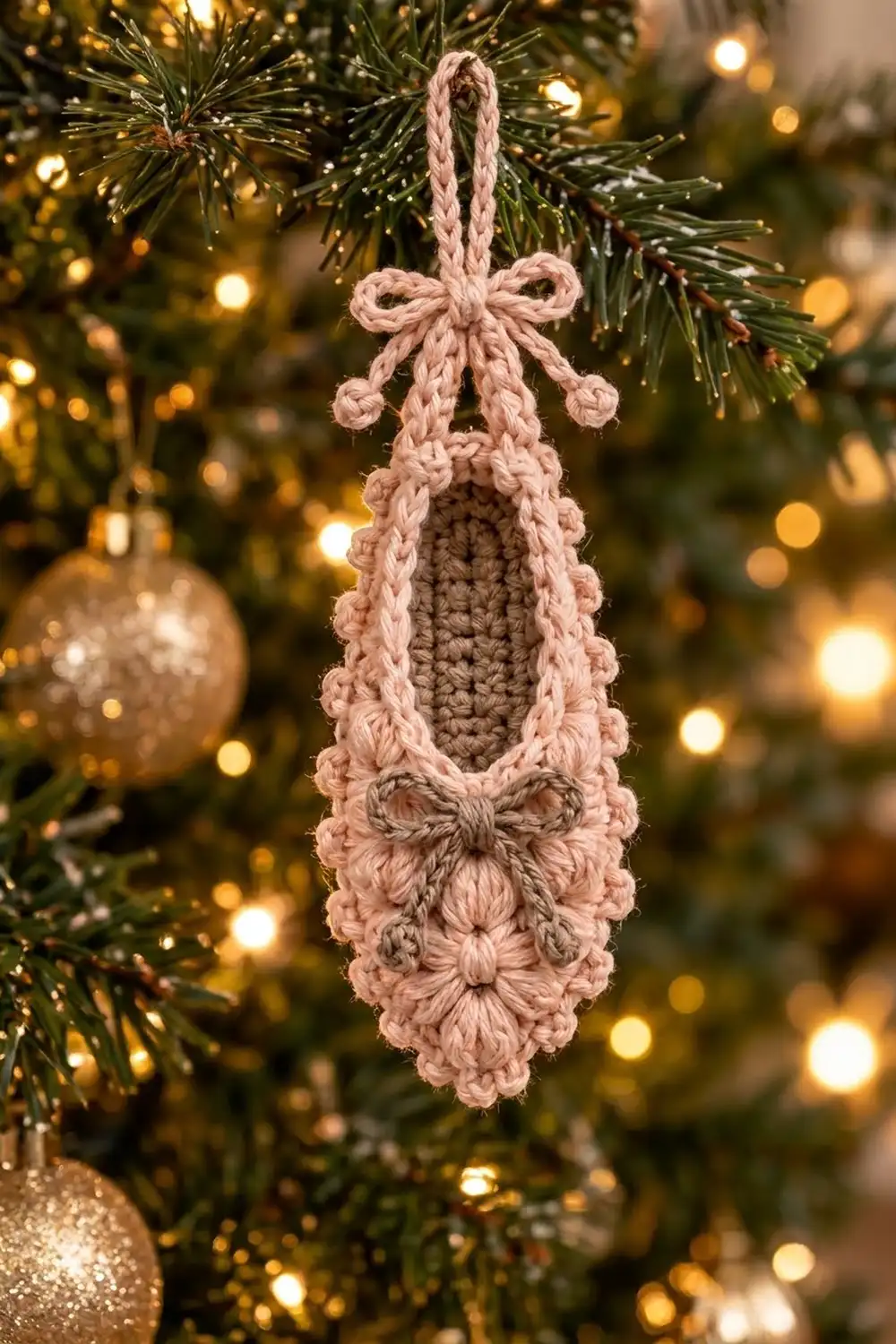 Light pink crocheted teardrop ornament with star topper hanging from evergreen branches, surrounded by warm golden lights and baubles.