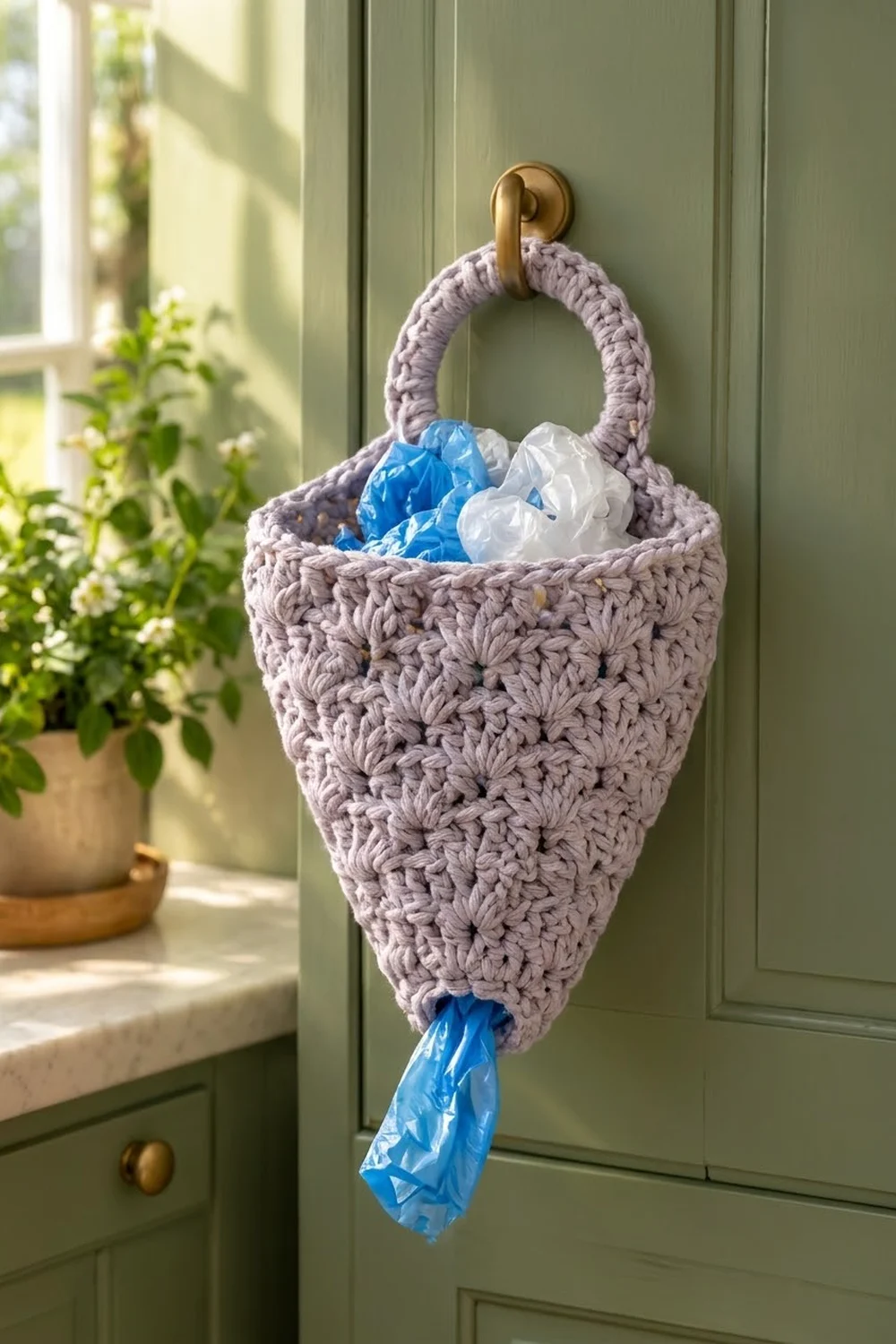 Light gray crocheted basket with brass hook hanging on green cabinet door, holding blue plastic bags beside a sunny window.