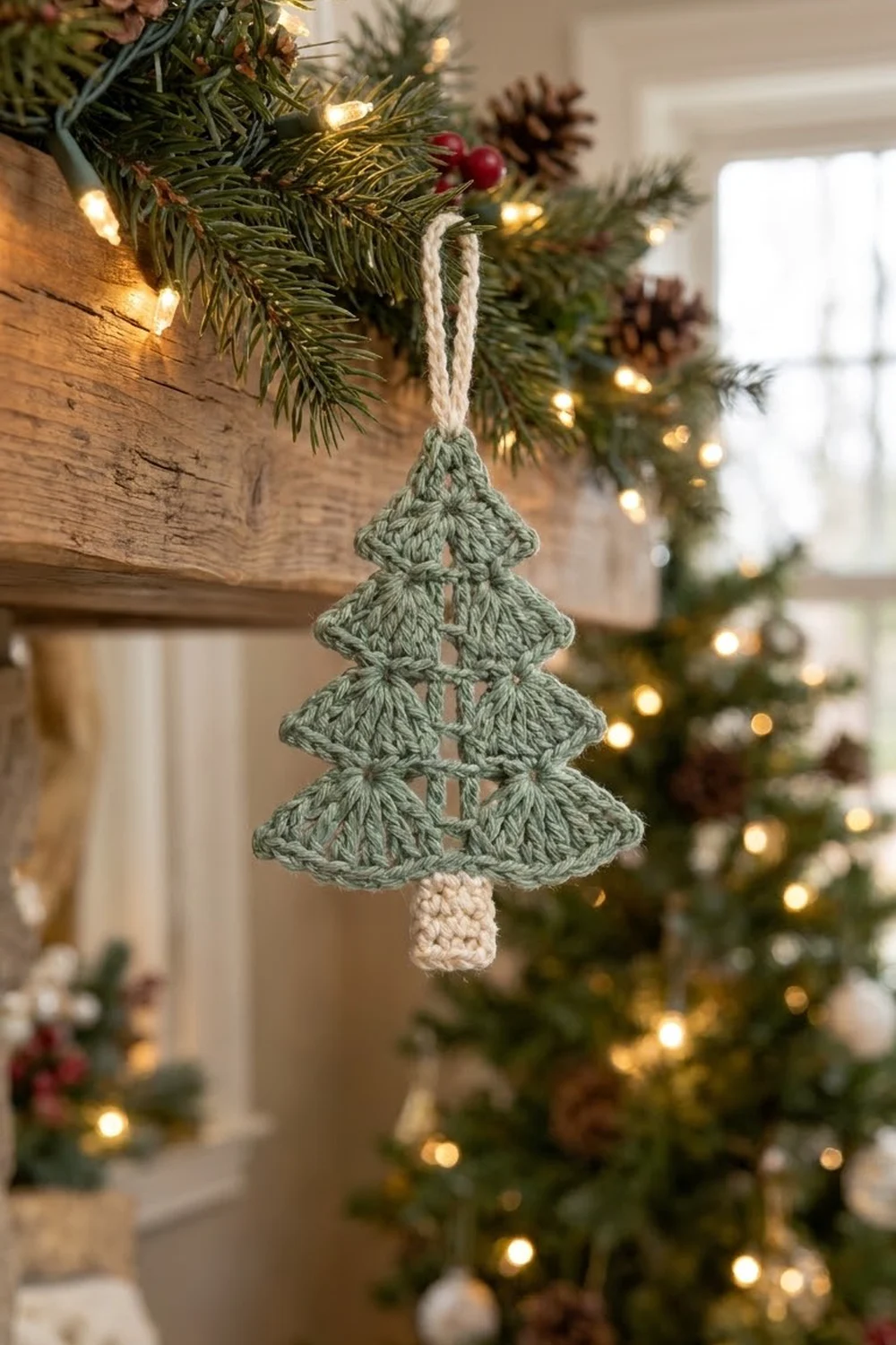 Sage green crocheted tree ornament with cream trunk hanging on evergreen garland with twinkling lights.
