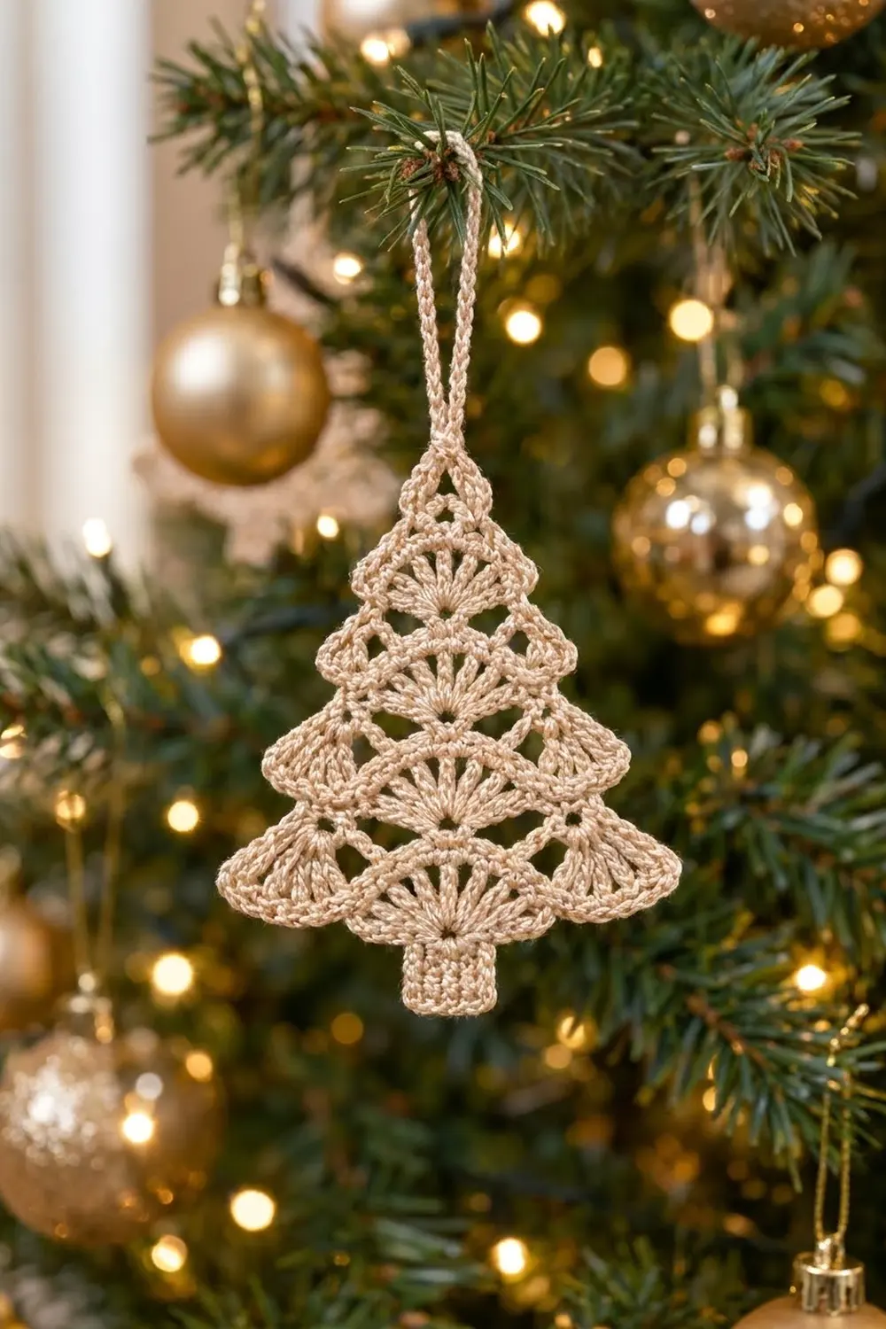 Crocheted cream tree ornament hangs on evergreen branches surrounded by gold ornaments and warm string lights.