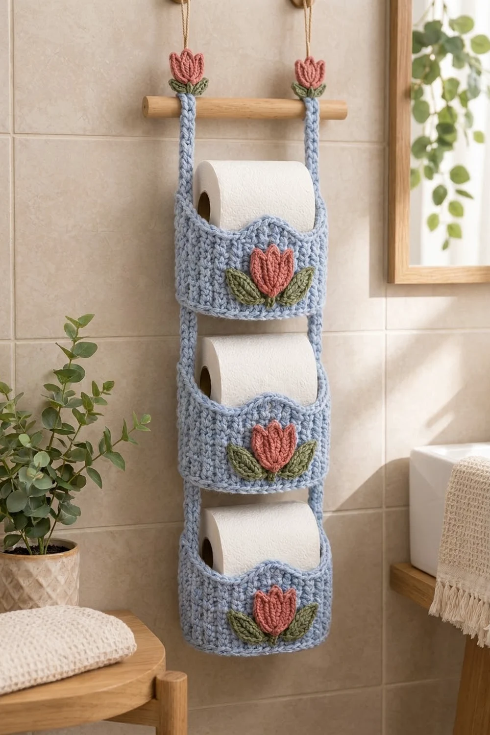 Blue crocheted toilet roll holder with three red tulip pockets displayed on wooden dowel in bright, minimalist bathroom with plants.