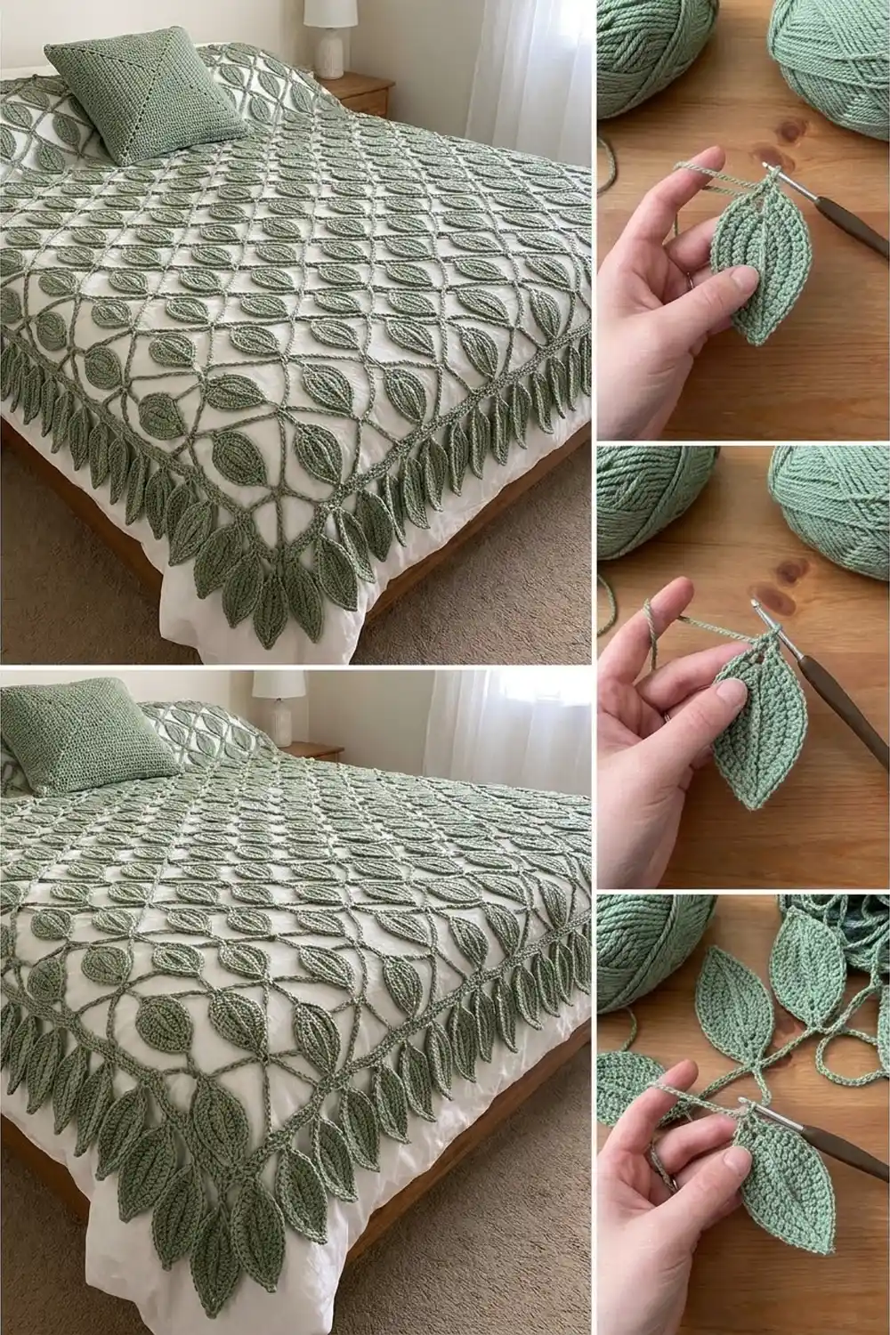 Sage green and cream crocheted blanket with leaf-shaped motifs and fringe edge displayed on a bed.