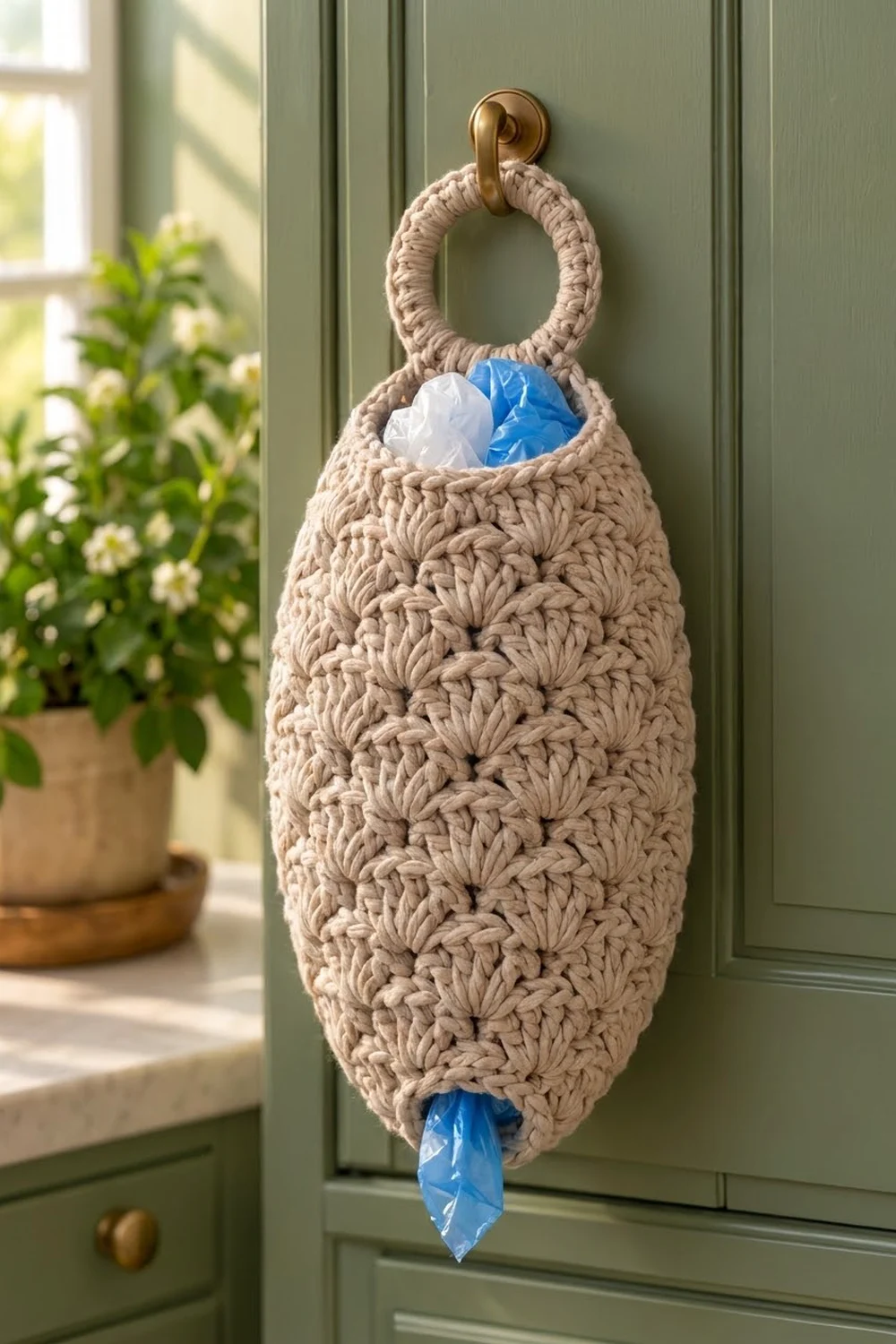 Cream-colored crochet storage bag hanging on a sage green cabinet, holding white and blue plastic bags inside.