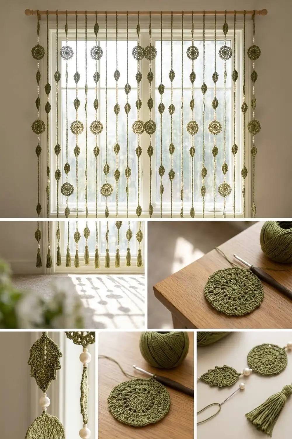 Olive green crocheted hanging with leaf and circular motifs suspended across a sunlit window.