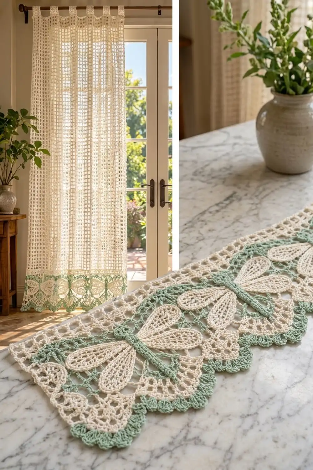 Crocheted lace table runner with cream and sage green leaf motifs displayed on marble countertop beside potted herbs.