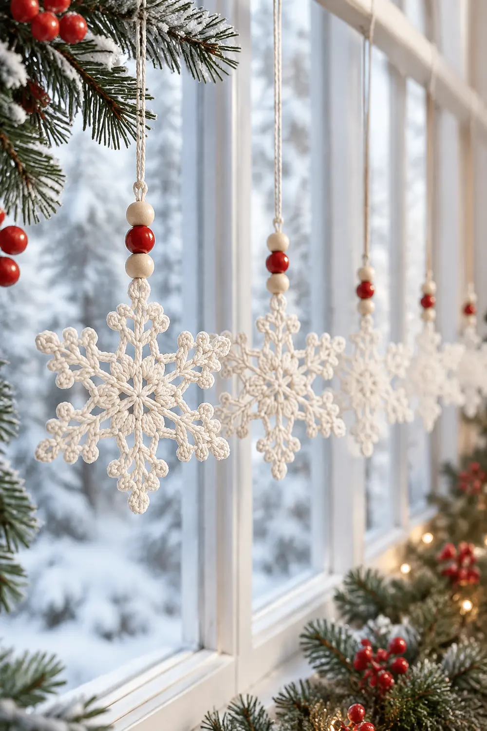 Crocheted snowflake ornaments with red and wooden beads hang in a snowy window with evergreen garland.