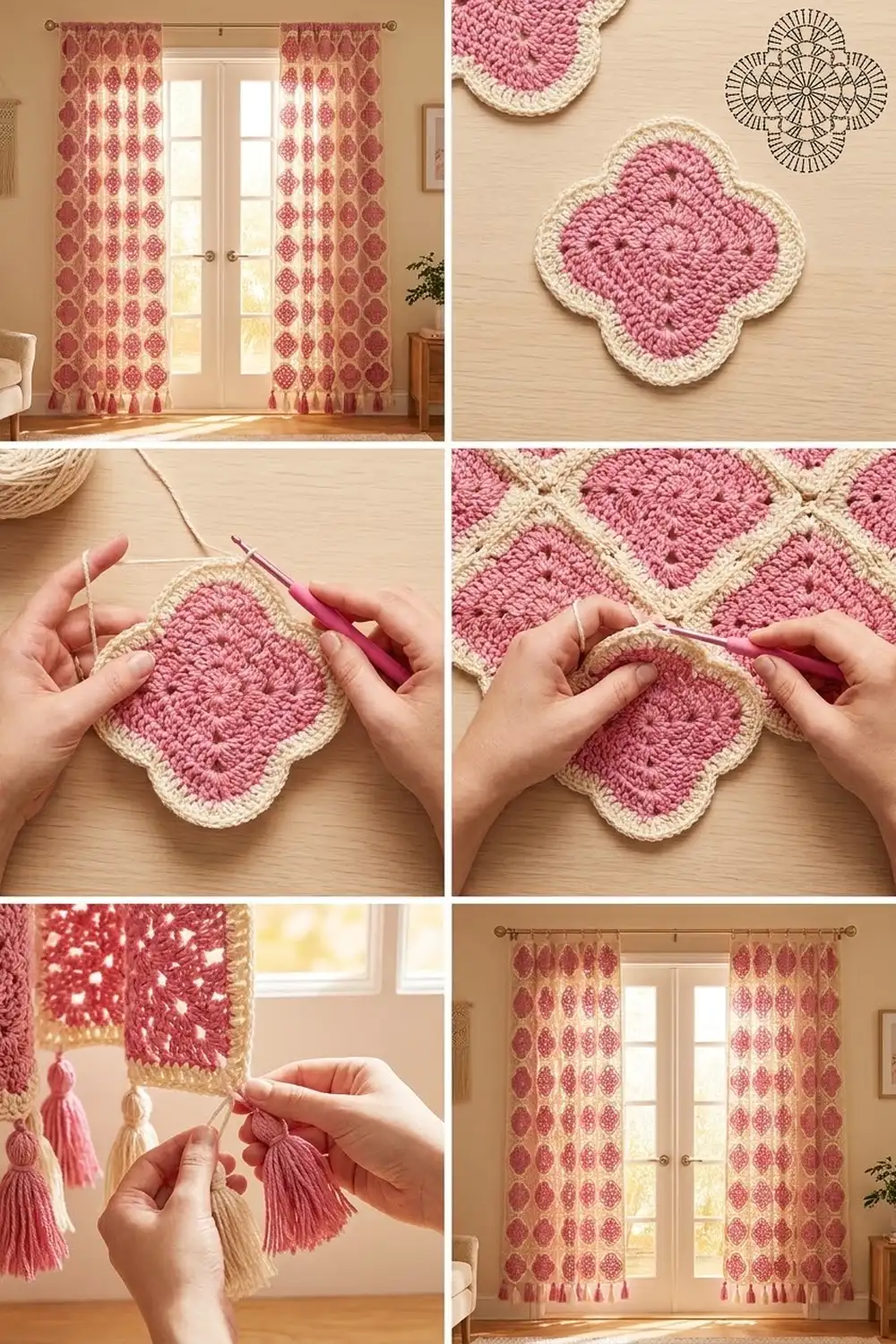 Pink and cream crocheted square motifs being assembled into curtains with tassels for a home window treatment.