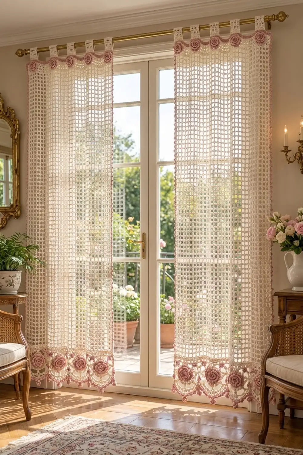 Delicate cream and rose floral lace curtains with rosette details hang on brass rods framing French doors.