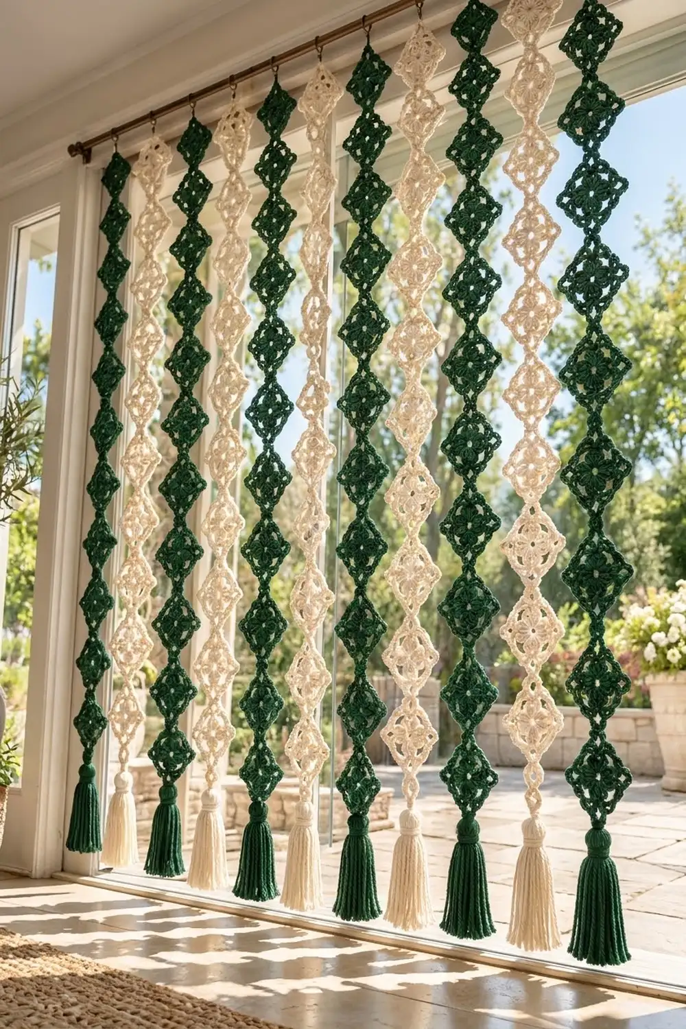 Crocheted diamond-patterned curtain strands in green and cream with tassels hanging before a bright window.