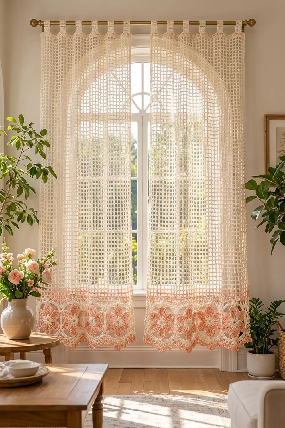 Cream lace curtains with peach floral trim hang from a brass rod framing a sunlit window in a bright room.