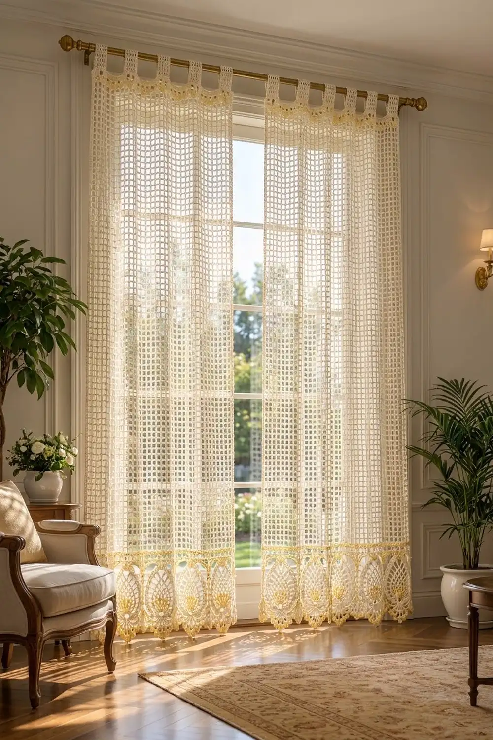 Cream crochet curtains with decorative trim hang from a brass rod in an elegant living room with plants and furniture.