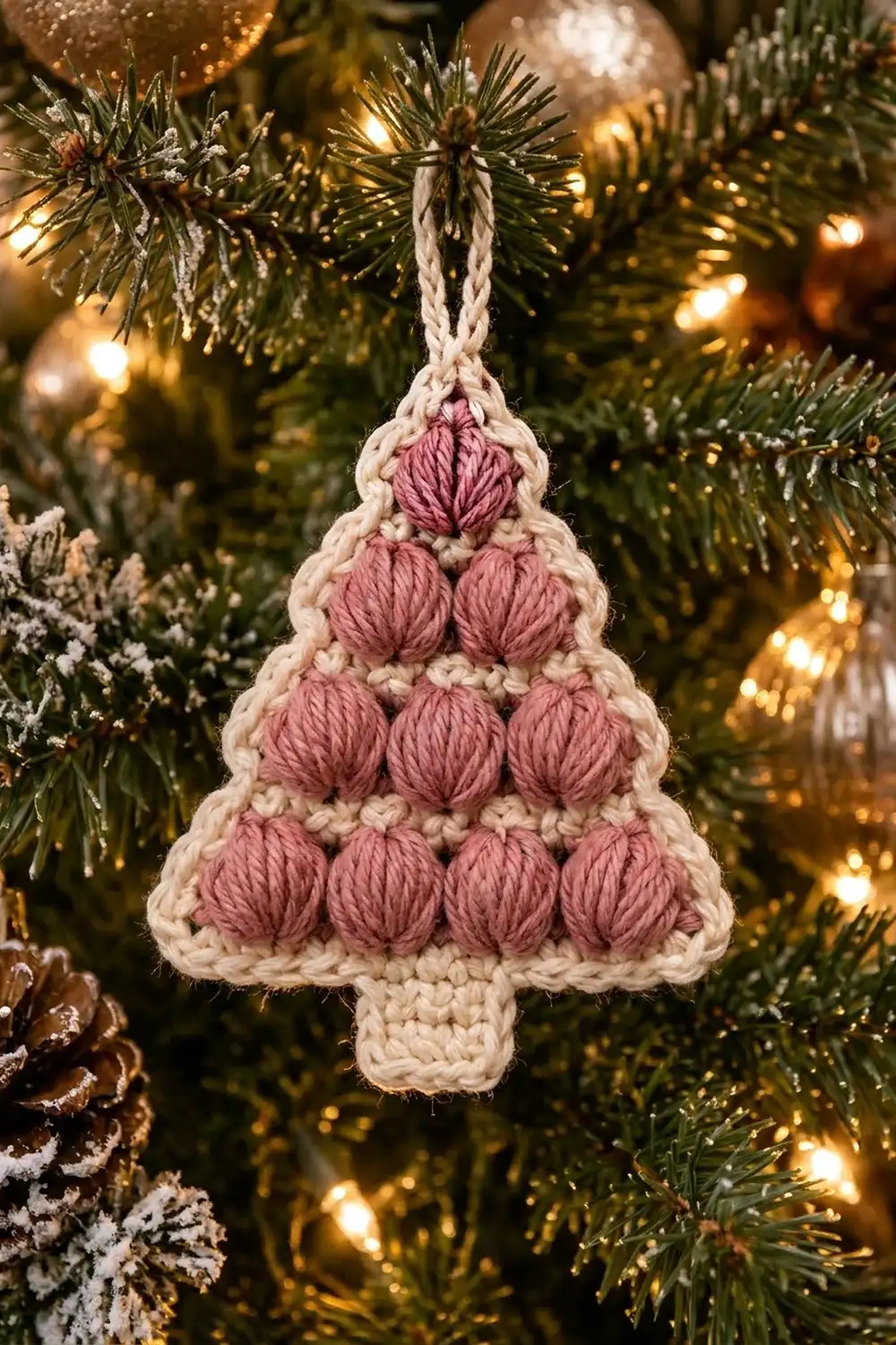 A cream and pink crocheted Christmas tree ornament hanging from an evergreen decorated with golden lights.