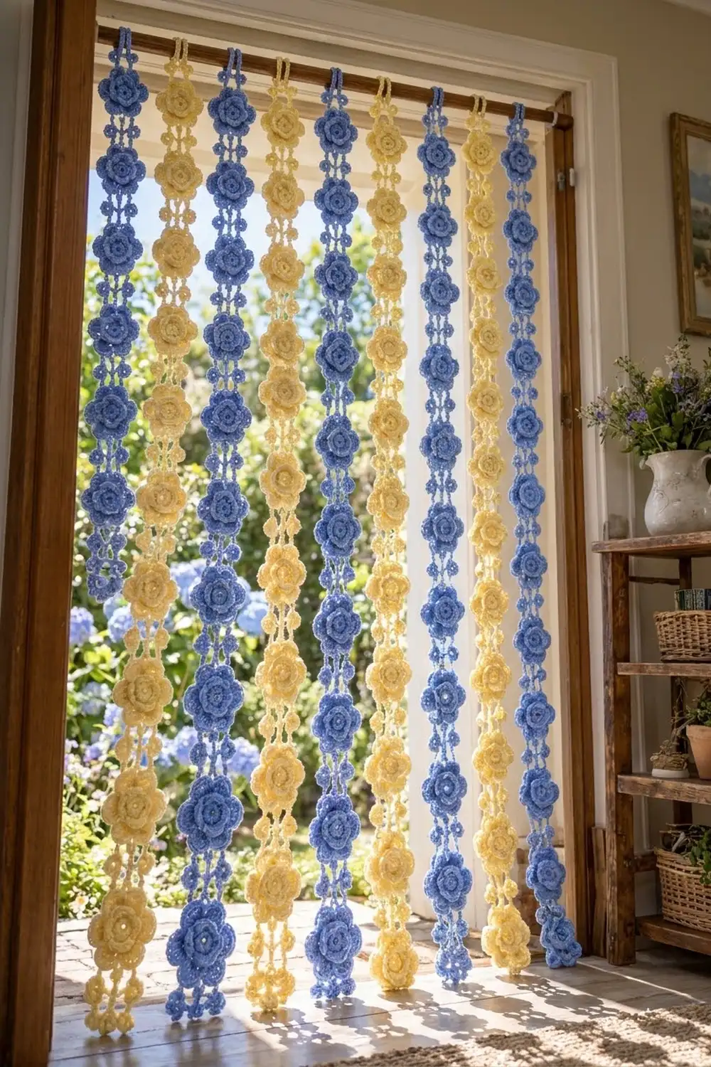 Crocheted lace door curtain with alternating blue and yellow flower motifs hanging in a doorway with garden view.