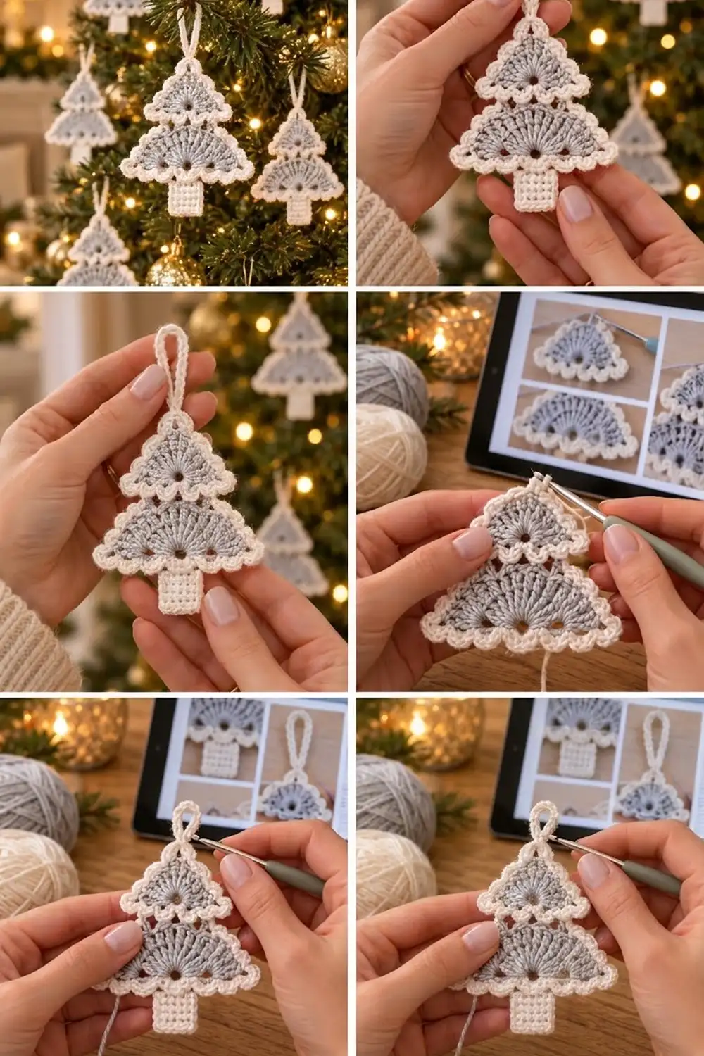Handmade crocheted Christmas tree ornaments in gray and white decorating a lit holiday evergreen.