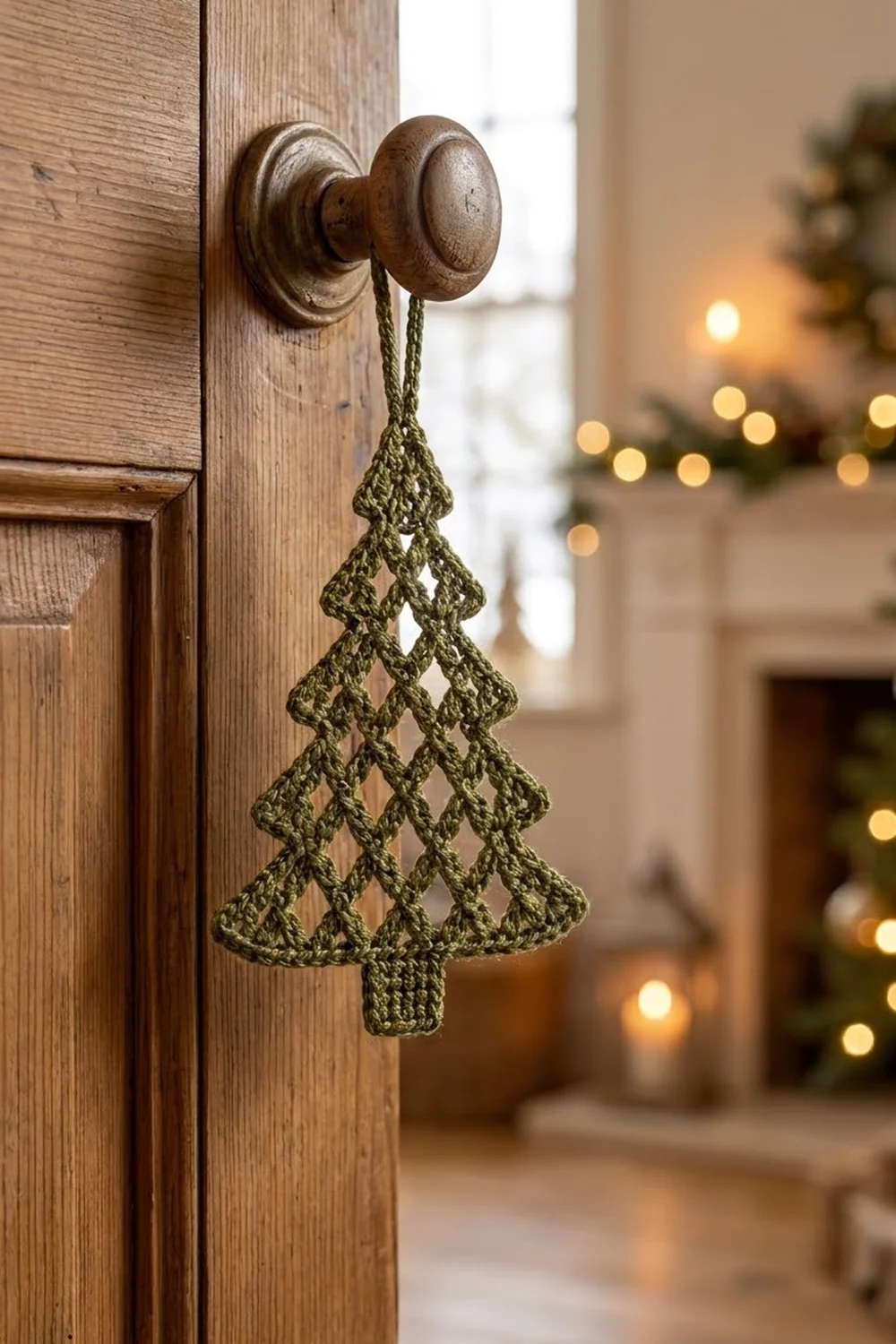 Sage-green crocheted tree with lacy diamond pattern hangs from brass doorknob on wooden door amid warm, twinkling holiday lights.