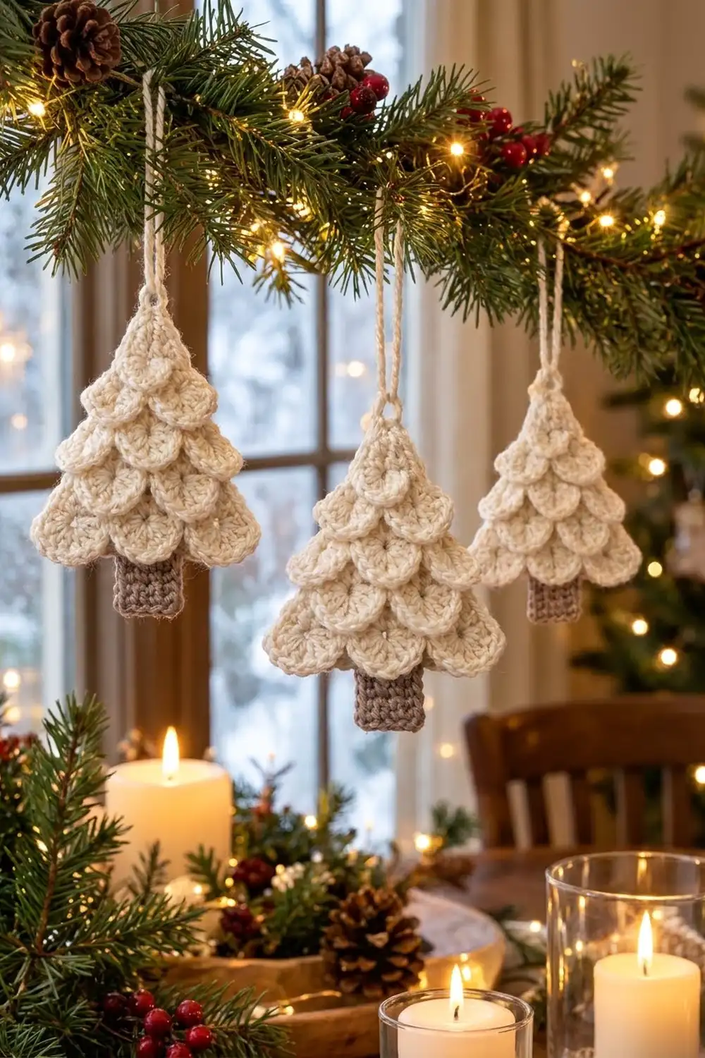 Three crocheted cream Christmas tree ornaments with brown trunks hang against a festive evergreen garland with candles.