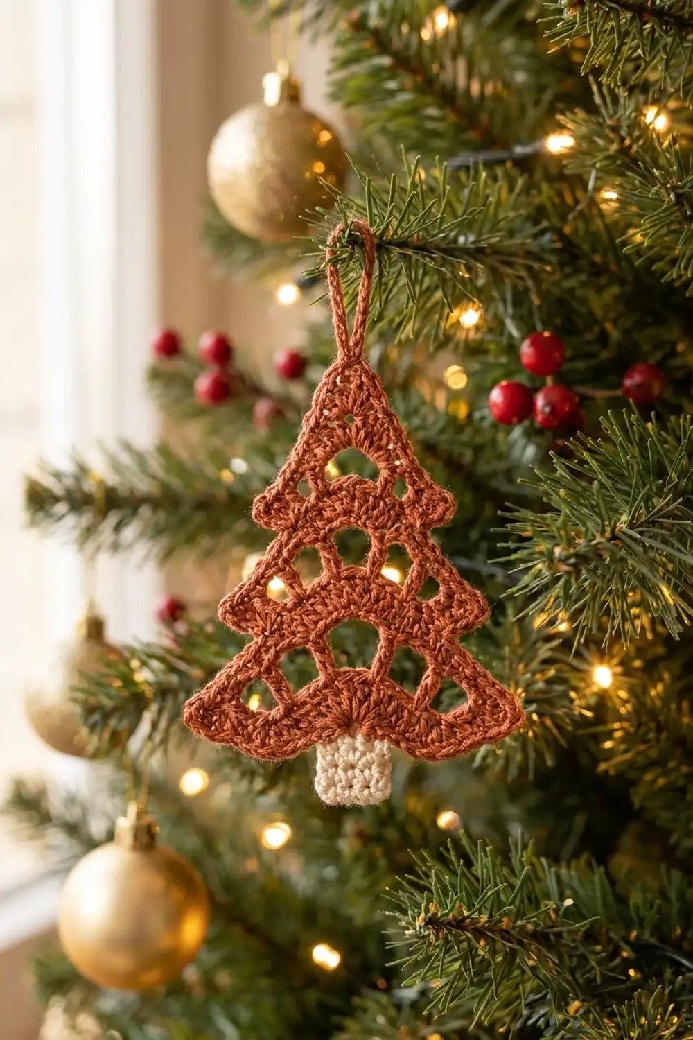 Terracotta crochet Christmas tree ornament with openwork pattern hanging on an evergreen tree with warm lights and red ball ornaments.