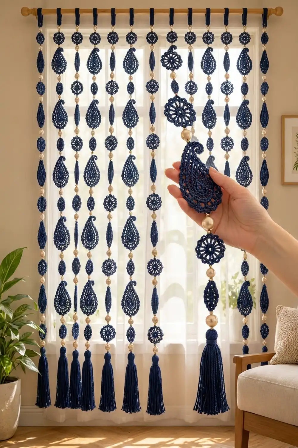 Navy crocheted curtain with cream beaded teardrop and circular motifs and tassels, hanging in a warm, sunlit room.