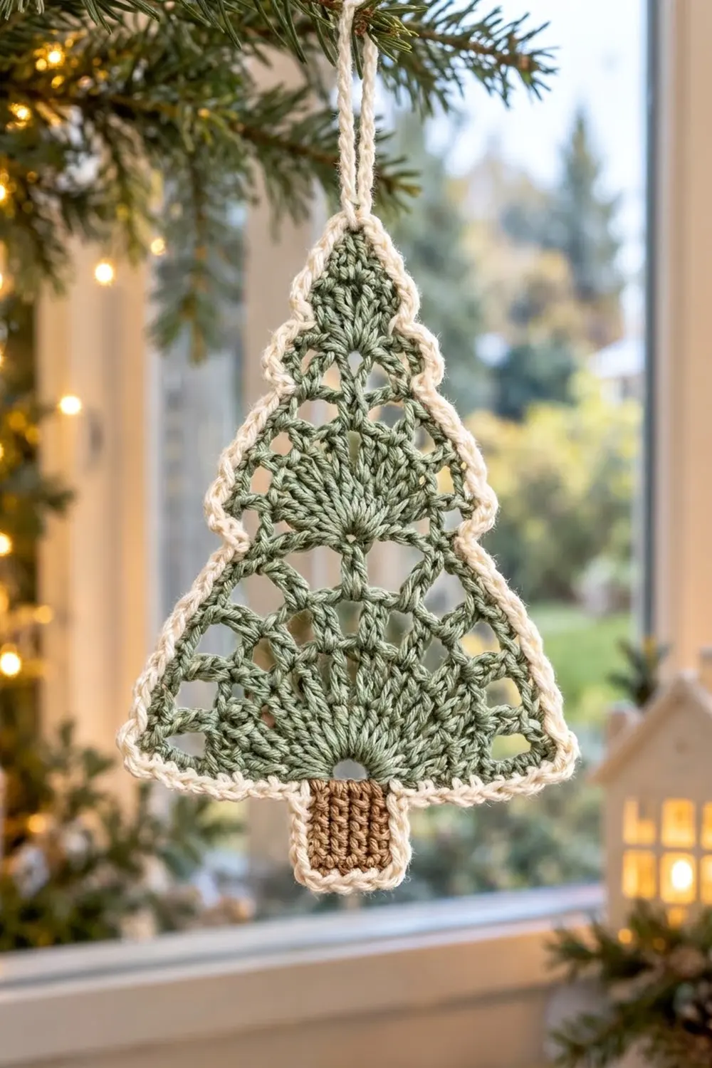A crocheted green and cream Christmas tree ornament hangs from a window decorated with garland and warm string lights.
