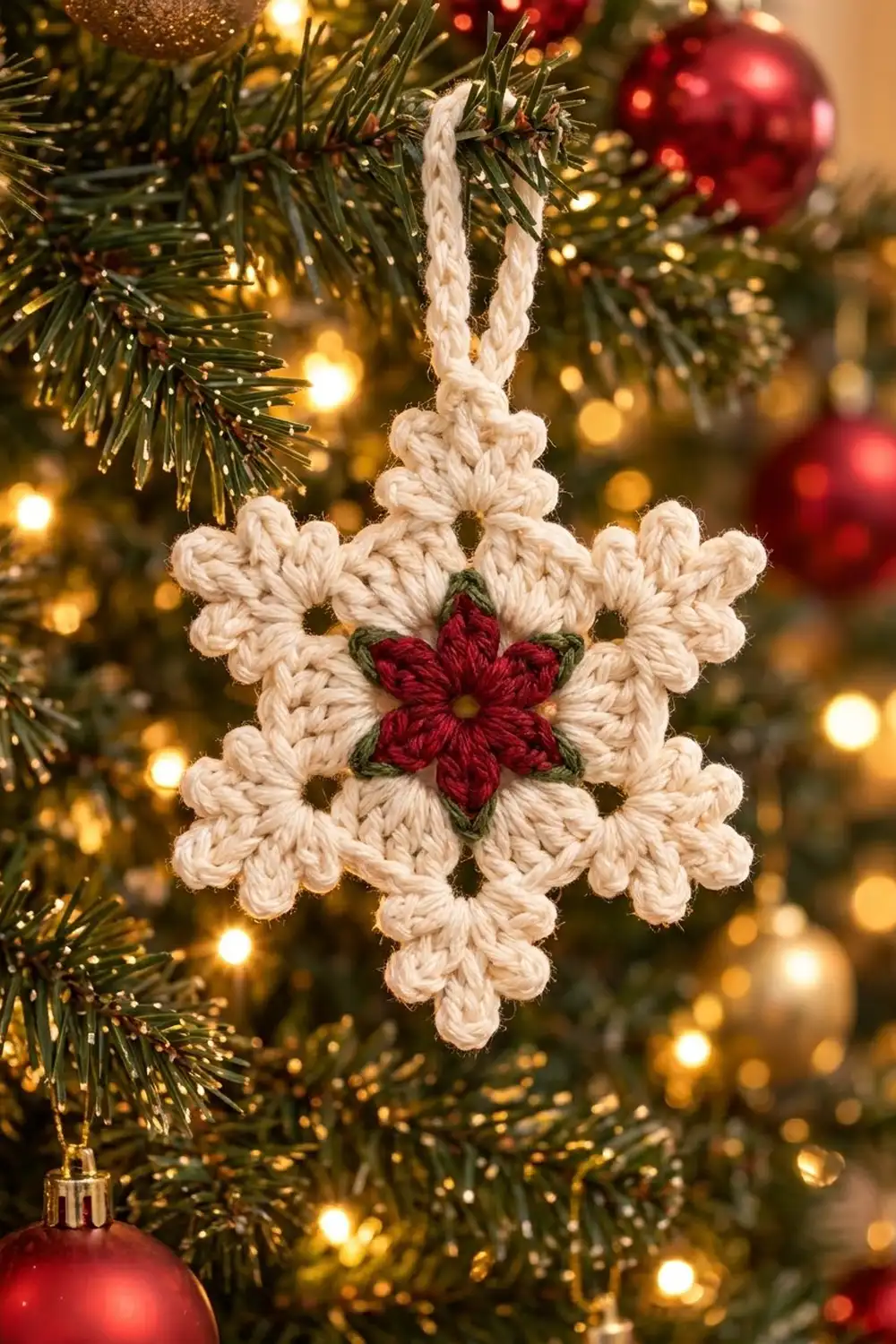 Cream crocheted snowflake ornament with red flower center hanging on Christmas tree with golden lights and red baubles.