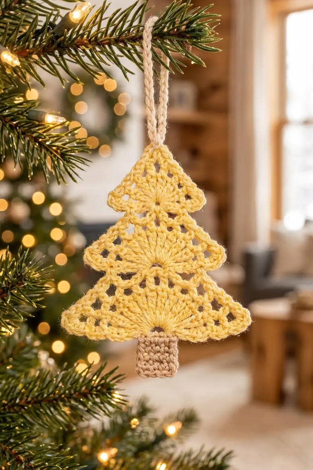 Crocheted golden Christmas tree ornament hanging on green branches with warm bokeh lights in a cozy holiday setting.