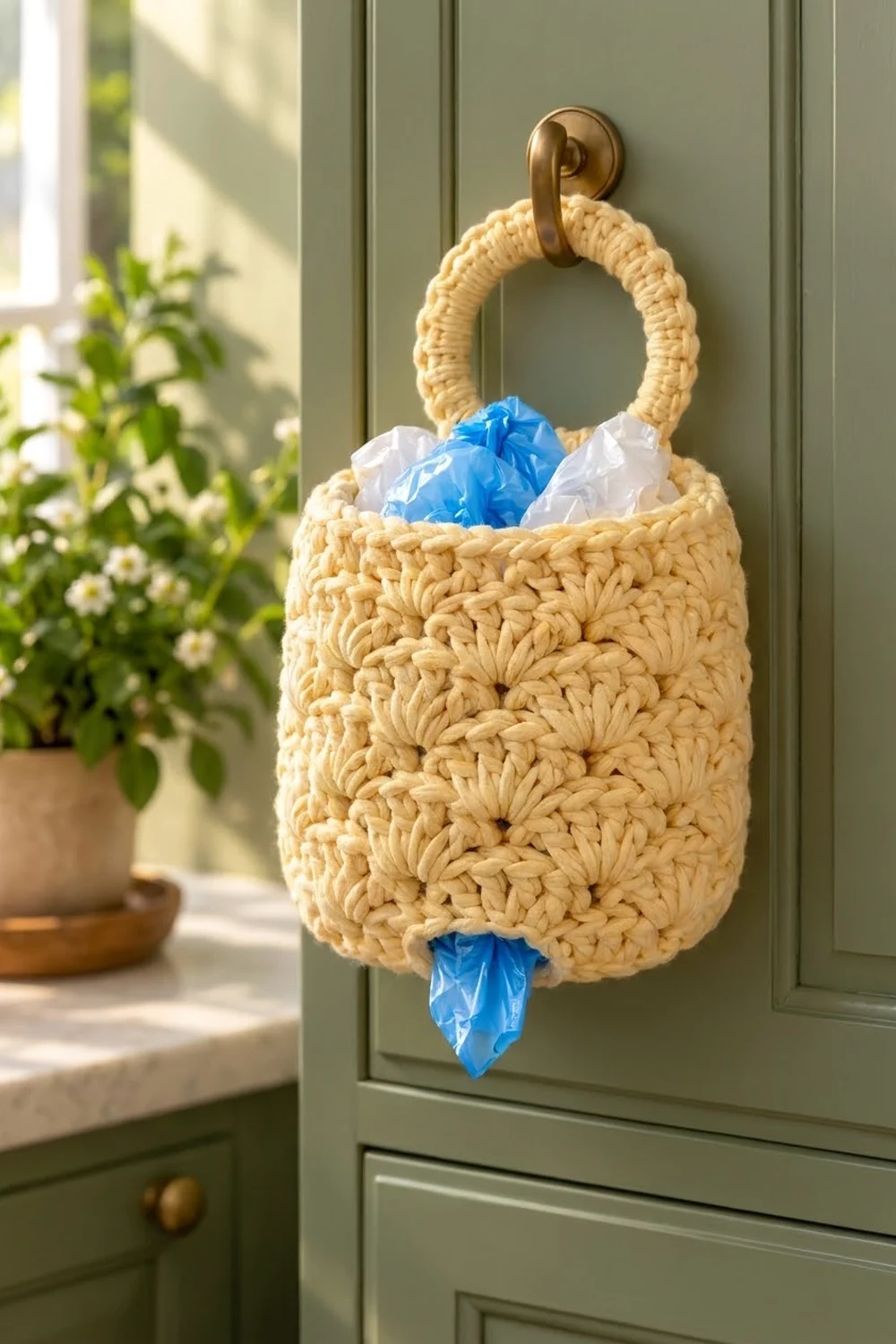 Cream crocheted bag holder with shell stitch pattern hangs on sage green cabinet door, storing blue and white plastic bags.
