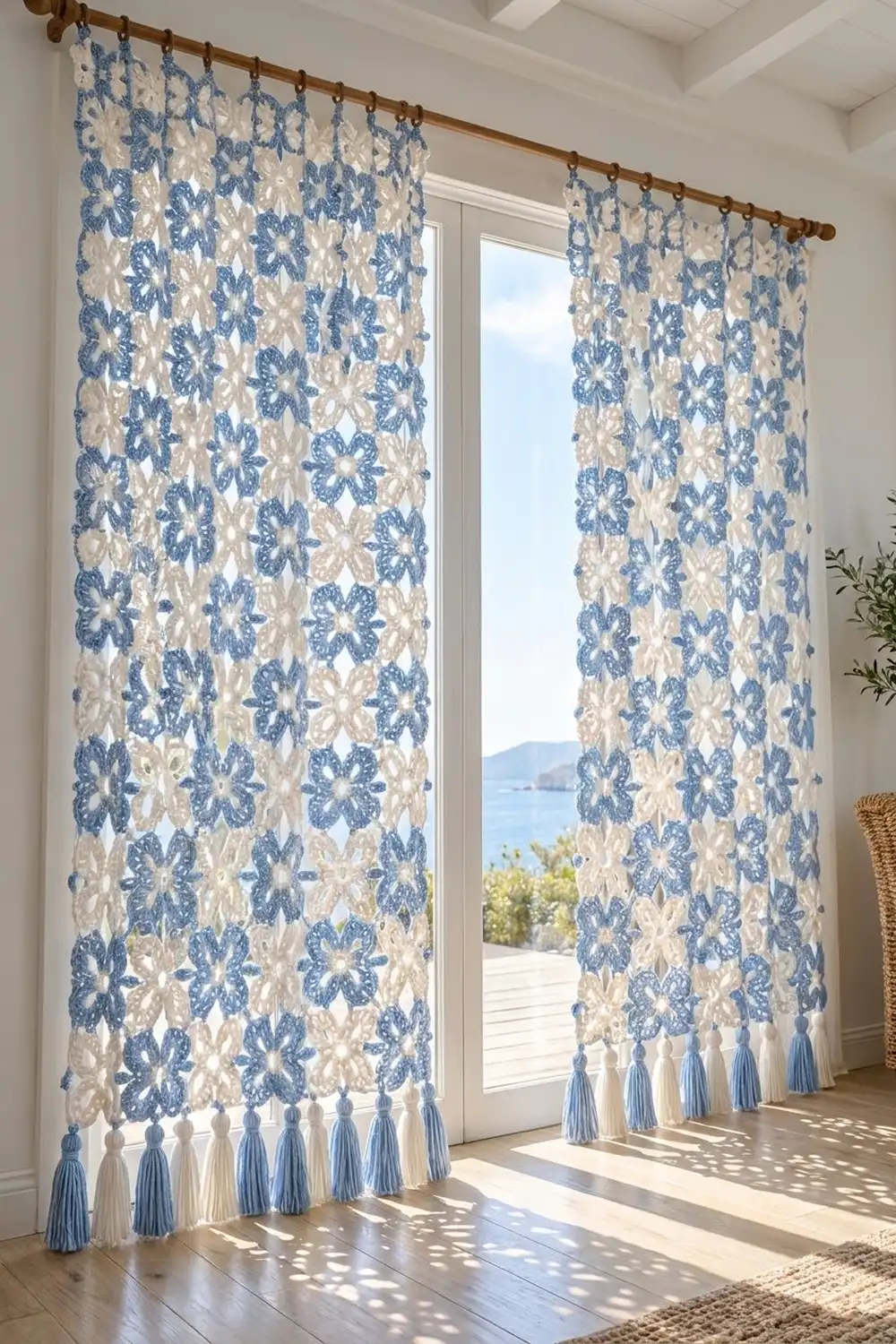Blue and cream patterned curtains with tassels hang from a wooden rod beside glass doors overlooking a coastal view.