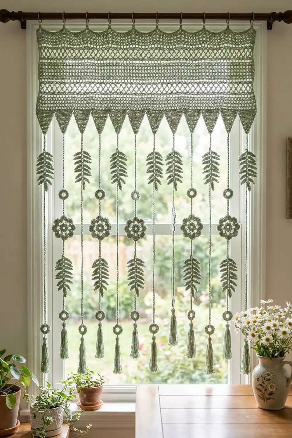 Handmade sage green crochet curtain with geometric and botanical motifs, hung in a sunny window surrounded by potted plants.