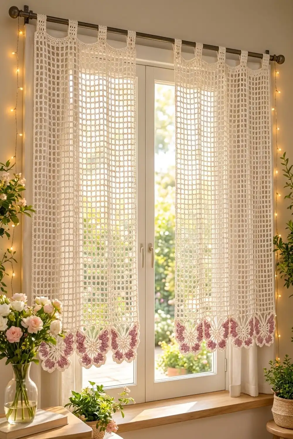 Cream crochet curtains with mauve scalloped trim hang on a door with warm string lights and fresh flowers.
