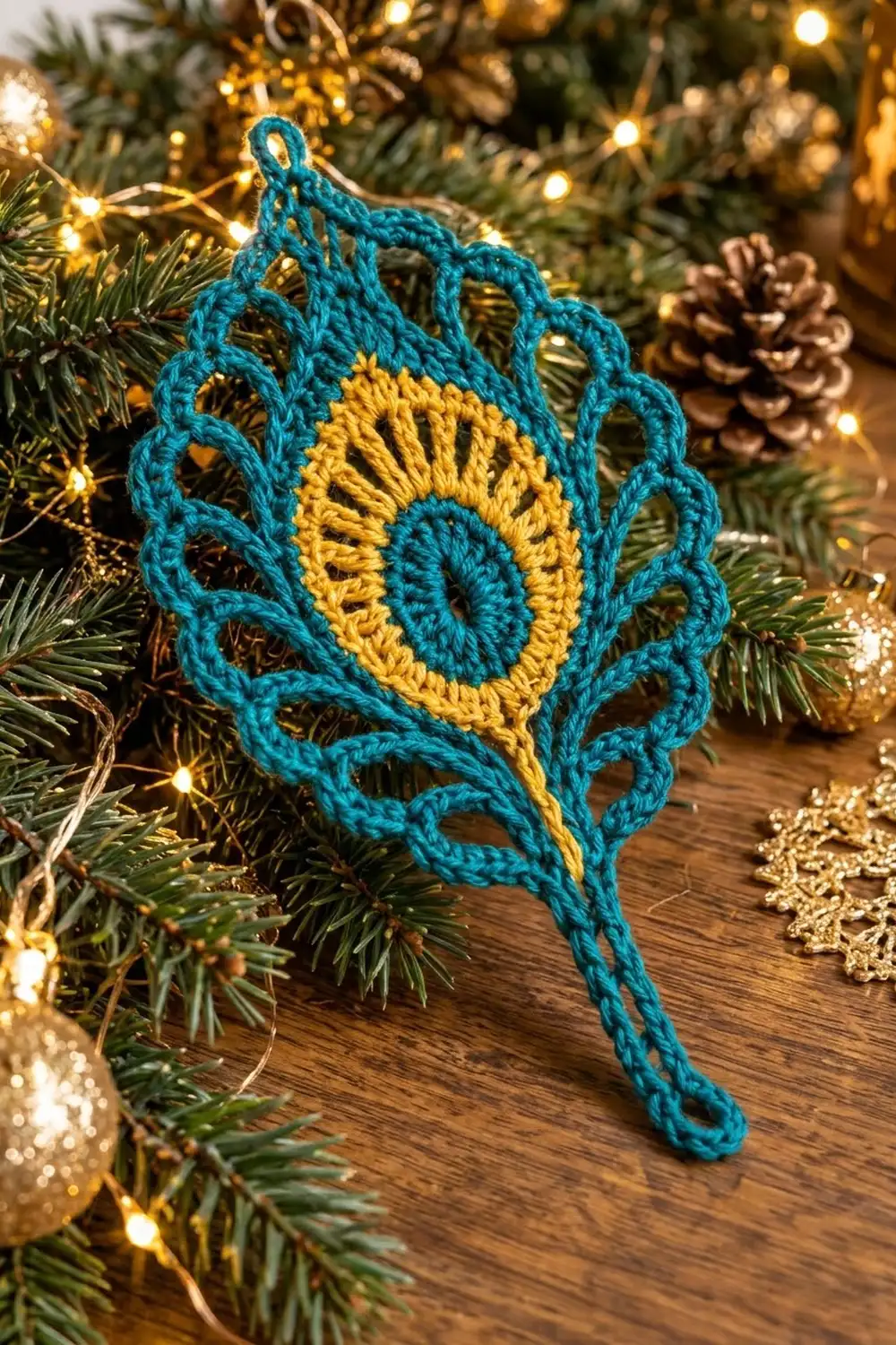 A crocheted teal and yellow peacock feather ornament hangs among evergreen branches with warm golden lights.