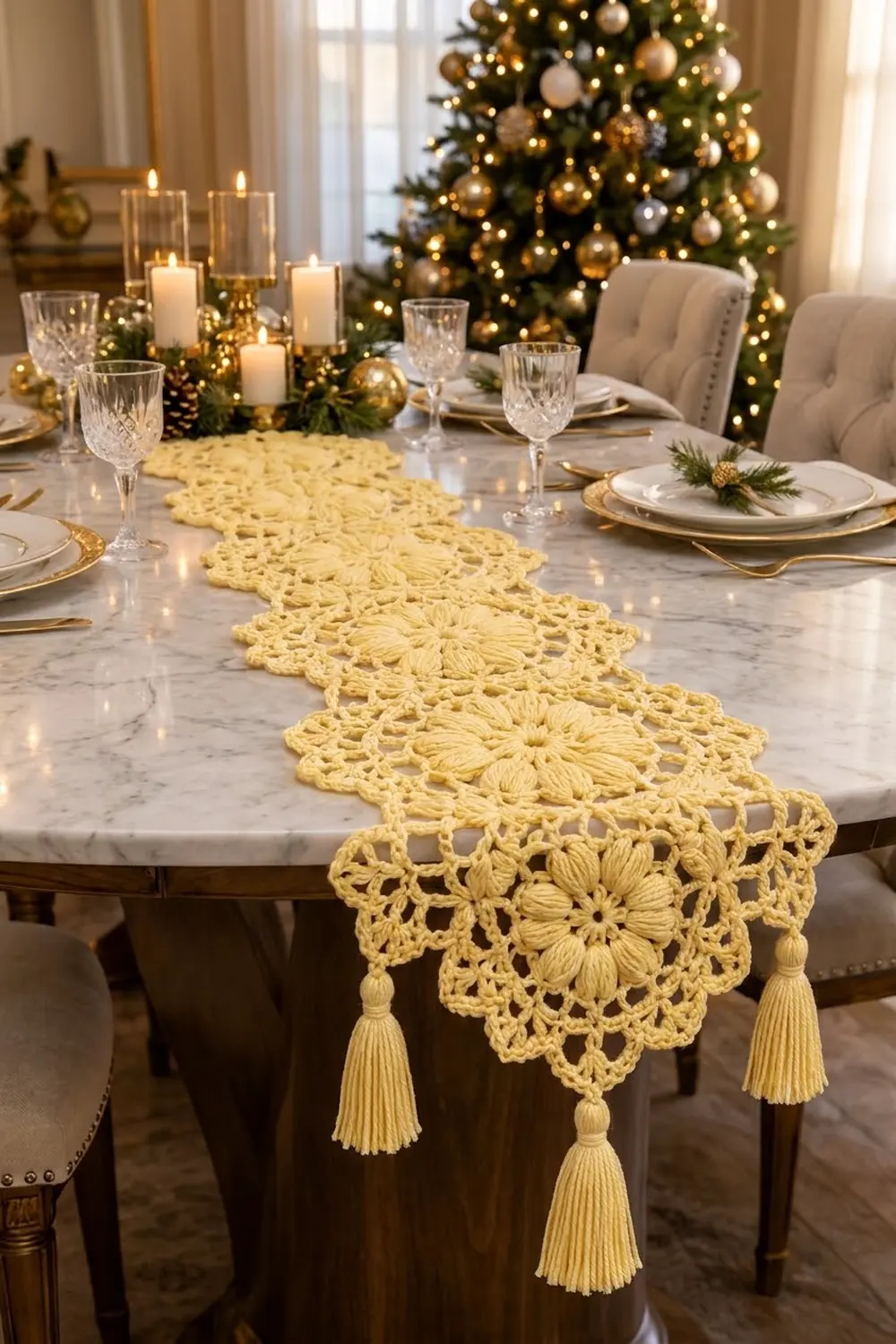 A yellow crocheted table runner with tassels decorates a marble dining table set for an elegant Christmas dinner.