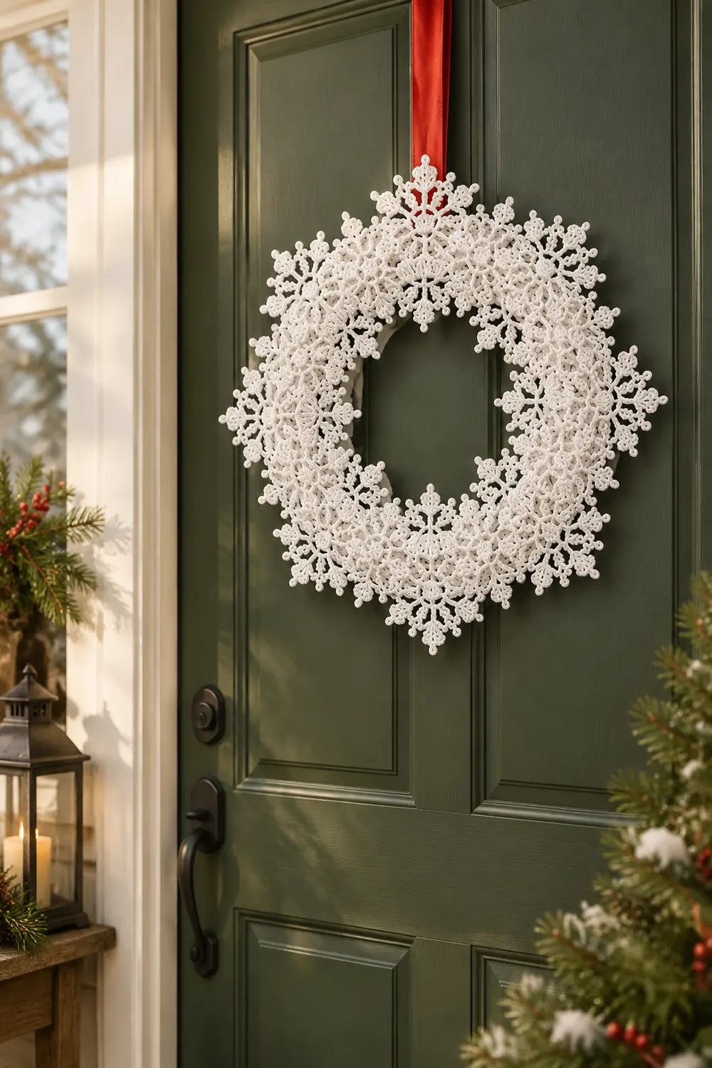 A white snowflake wreath with red ribbon hangs on a dark green front door surrounded by evergreen garland.