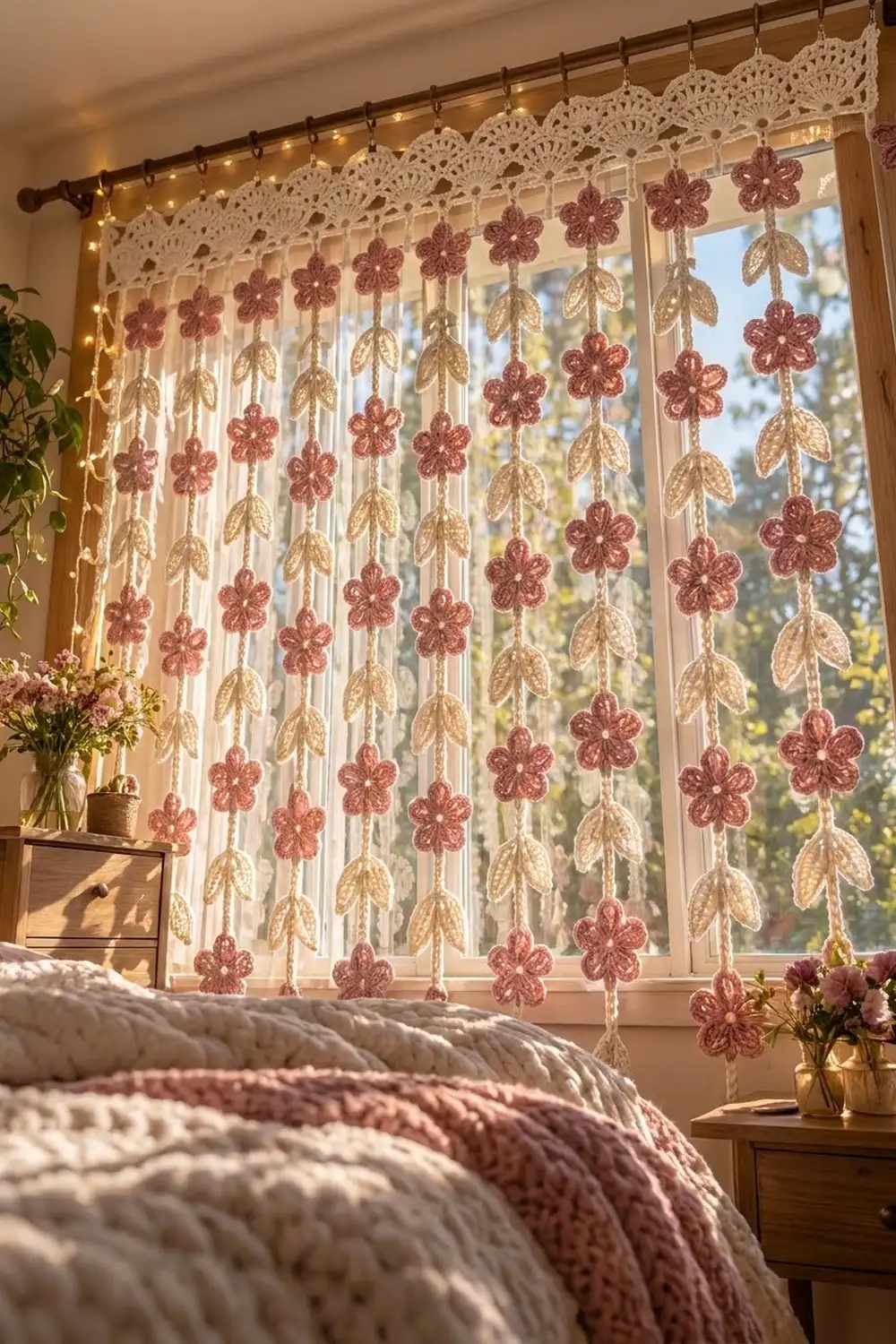 Crocheted flower curtain with mauve and cream blooms hanging in sunlit bedroom window above bed.
