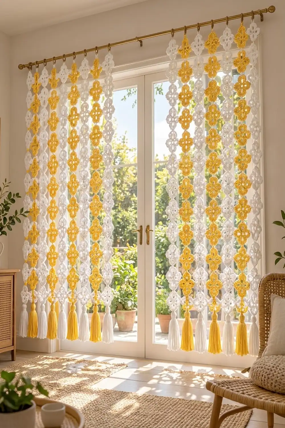 Decorative curtains with yellow and white diamond patterns and tassels frame glass doors overlooking a garden.